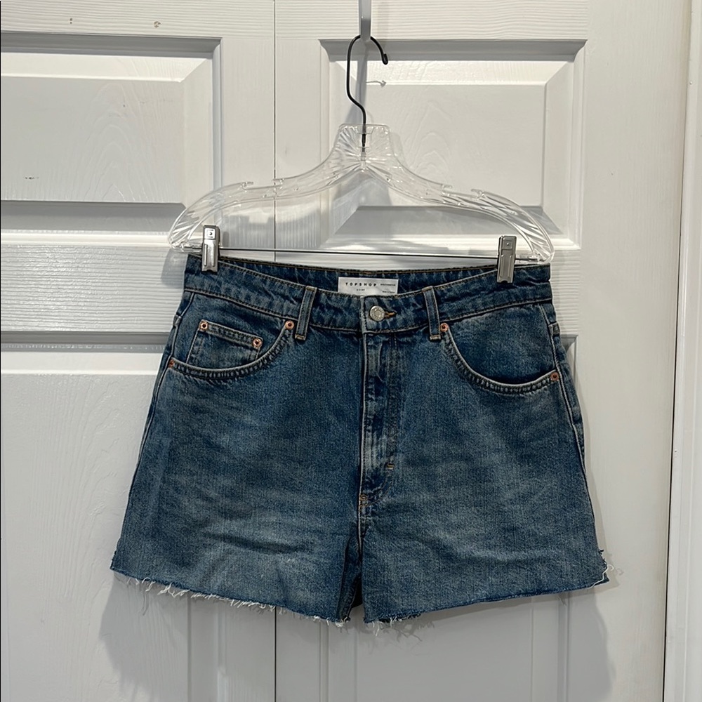 Topshop Blue Jean Shorts High-Waisted Raw Hem